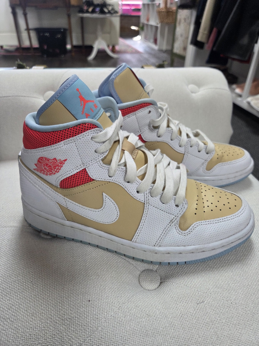 Nike Women's Athletic High-Top Sneakers in White, Tan, Neon Coral, Light Blue